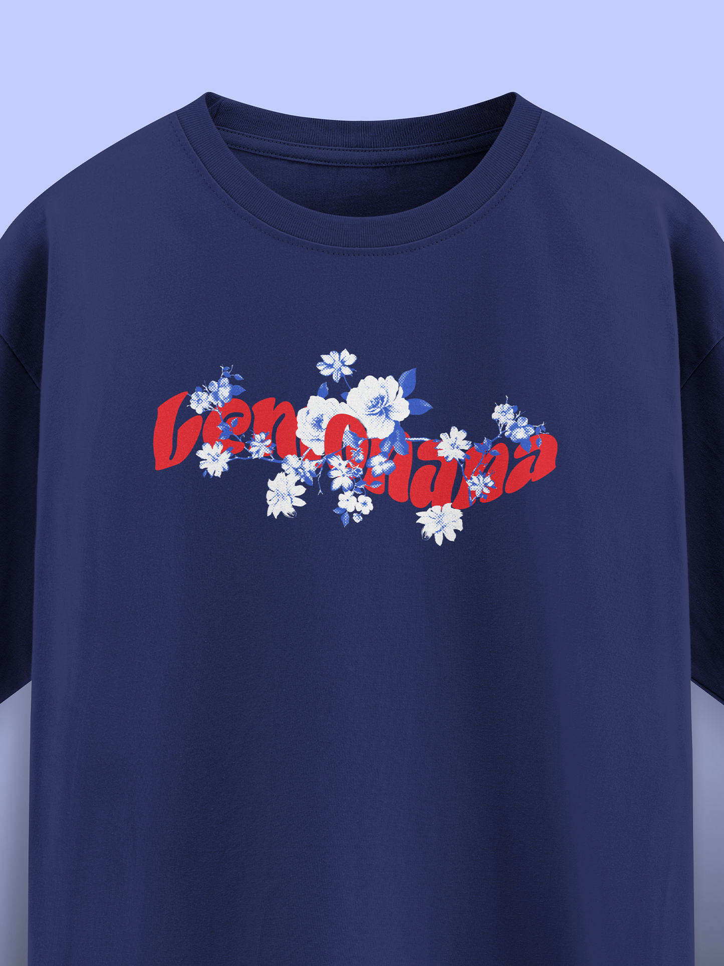 Navy blue sweatshirt with floral and text design on a light blue background