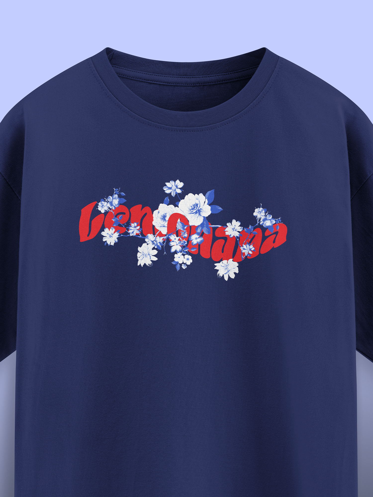Navy blue sweatshirt with floral and text design on a light blue background