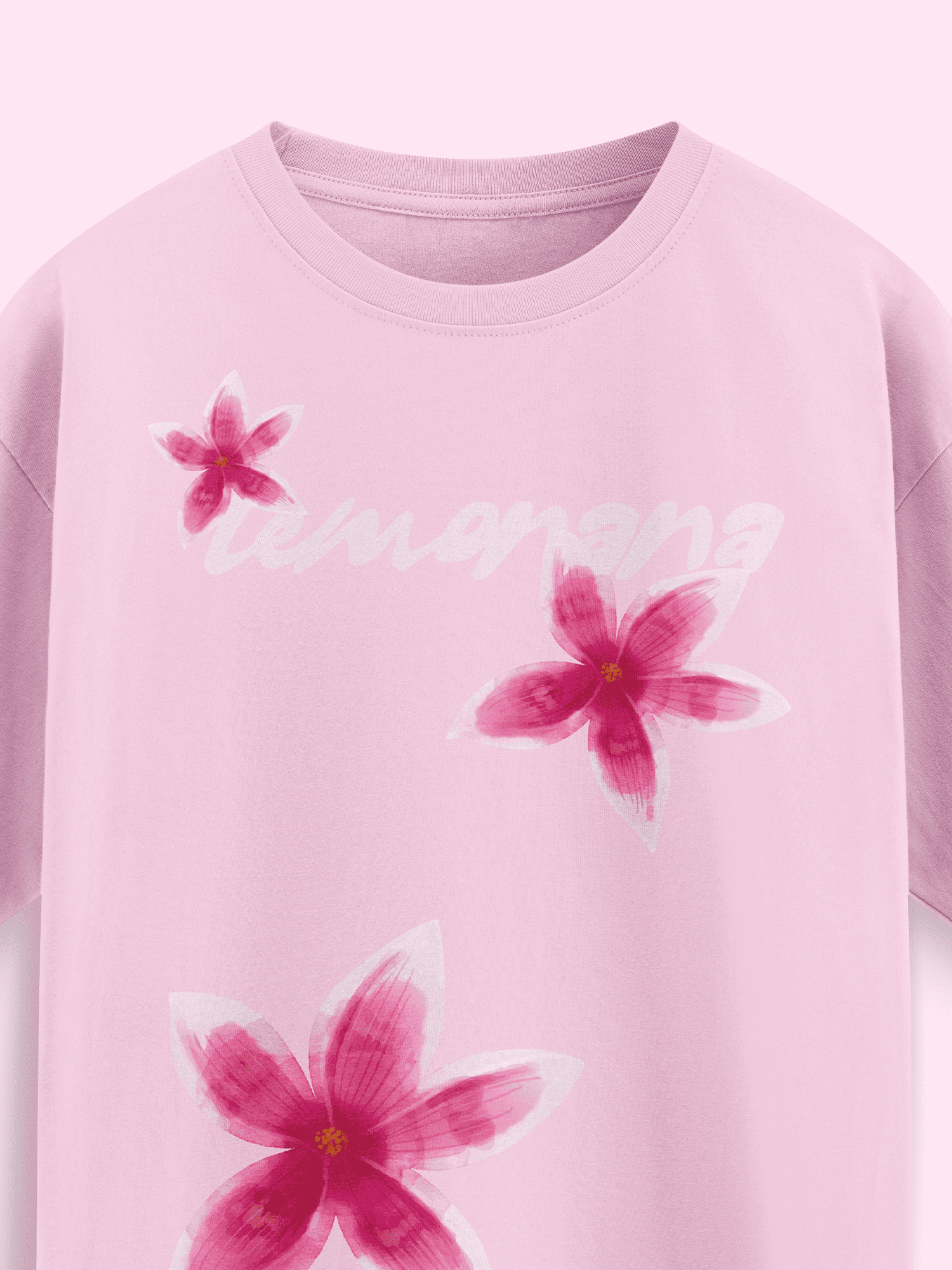 Pink sweatshirt with floral designs and 'Lemonana' text on a light pink background