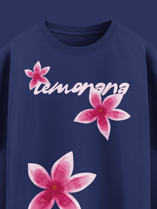 Navy blue sweatshirt with pink floral designs and 'lemonana' text on a dark background