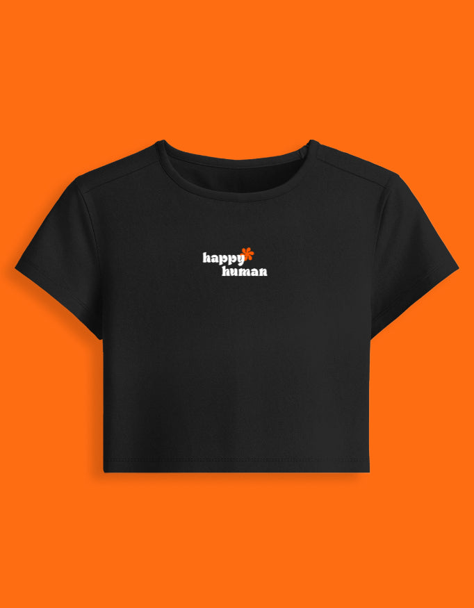 Black crop top with 'happy human' text on an orange background