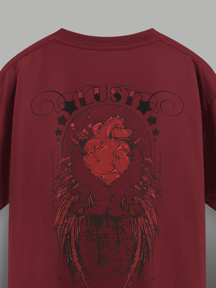 Maroon t-shirt with a lion graphic and text on a gray background