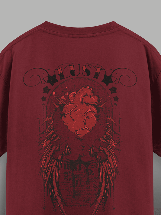 Maroon t-shirt with a lion graphic and text on a gray background