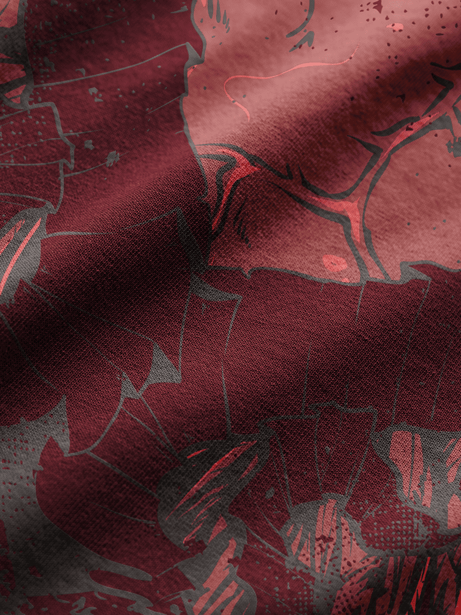 Red fabric with black floral pattern
