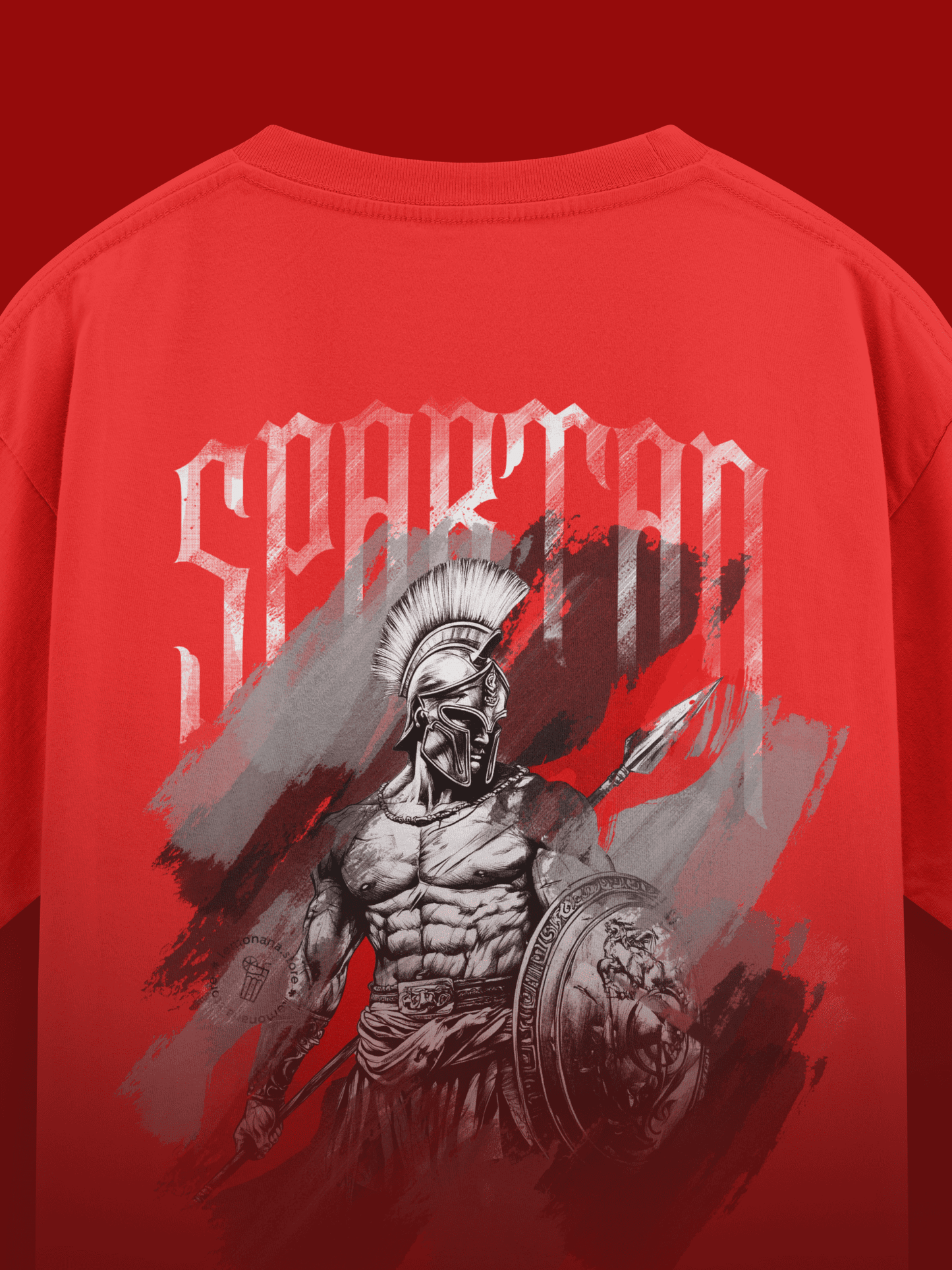 Red t-shirt with Spartan warrior graphic and 'Spartan' text on a red background