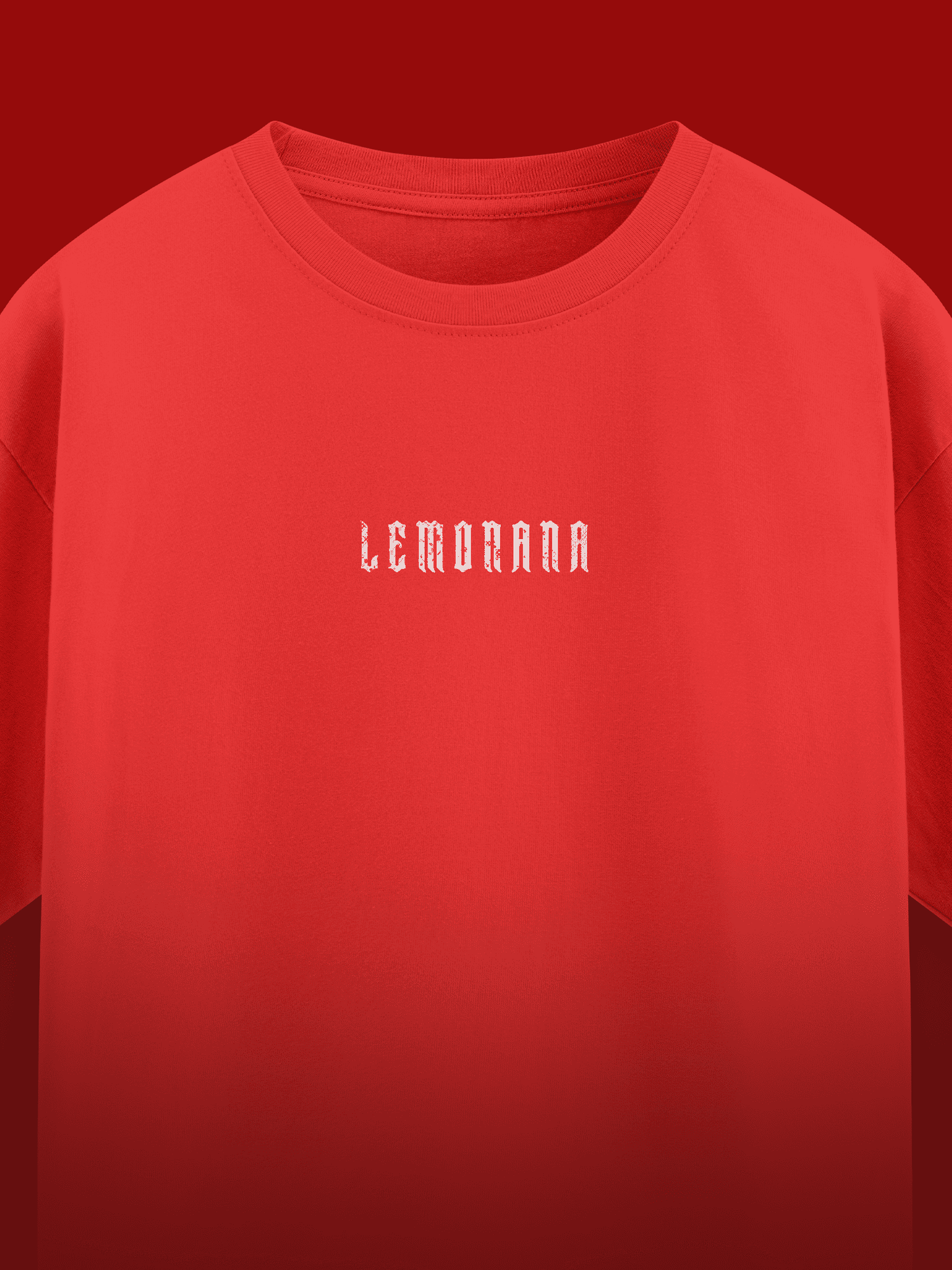 Red tshirt with 'LEMONANA' text on a red background
