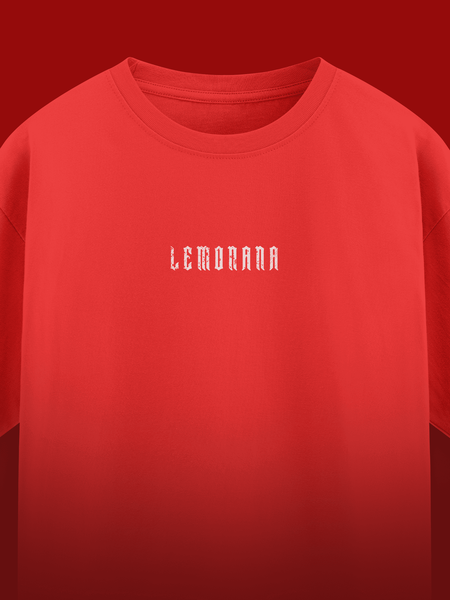 Red tshirt with 'LEMONANA' text on a red background