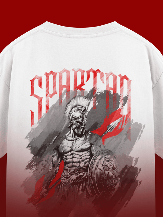 White t-shirt with Spartan warrior graphic and 'Spartan' text on a red background
