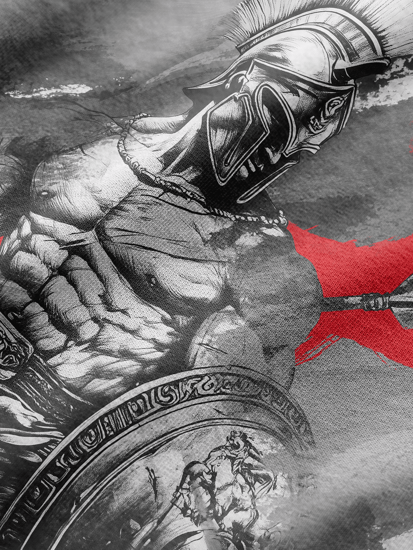Black and white illustration of a Roman soldier with a red cross on armor