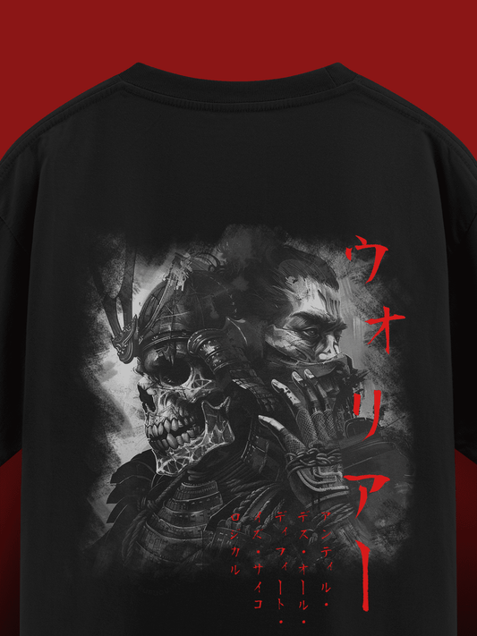 Black t-shirt with a graphic design of a samurai helmet and red text on a red background