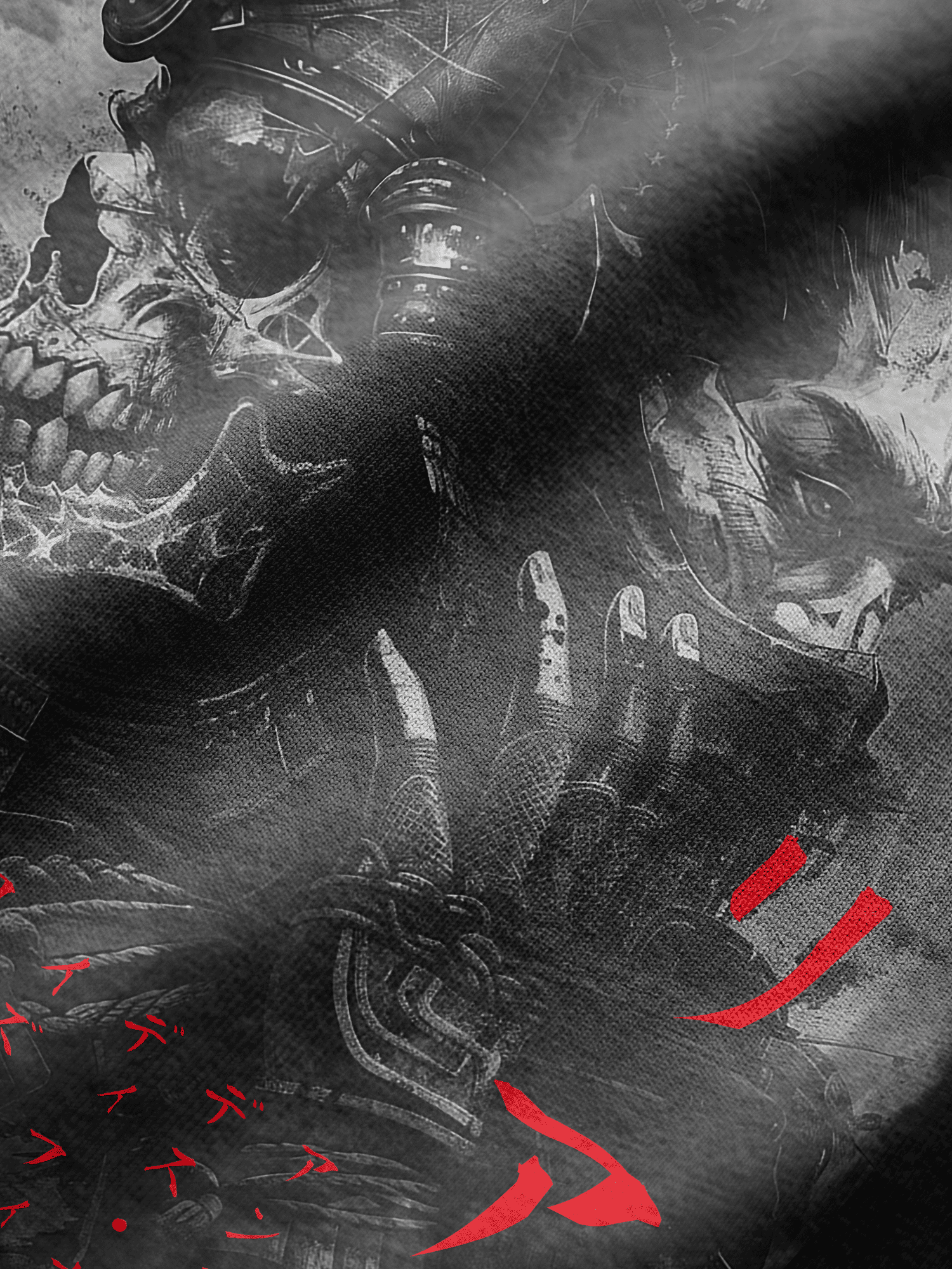 Black and white illustration of a warrior with red accents on a dark background
