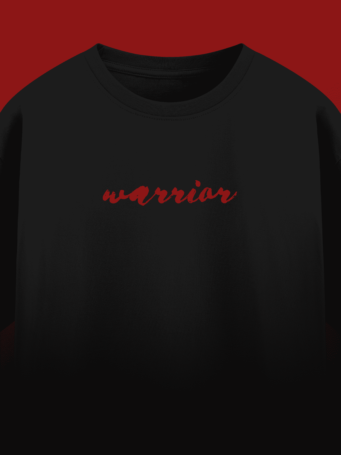 Black sweatshirt with 'warrior' in red text on a dark background