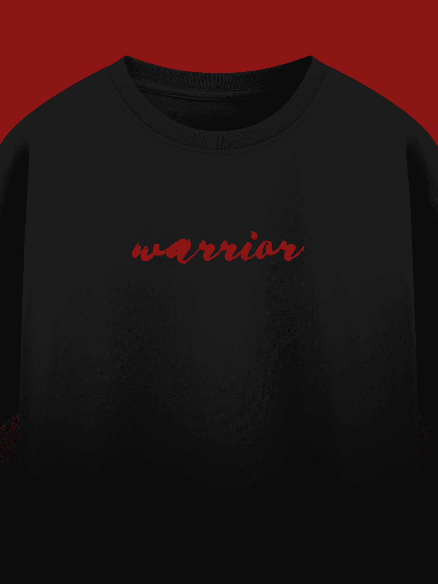 Black sweatshirt with 'warrior' in red text on a dark background