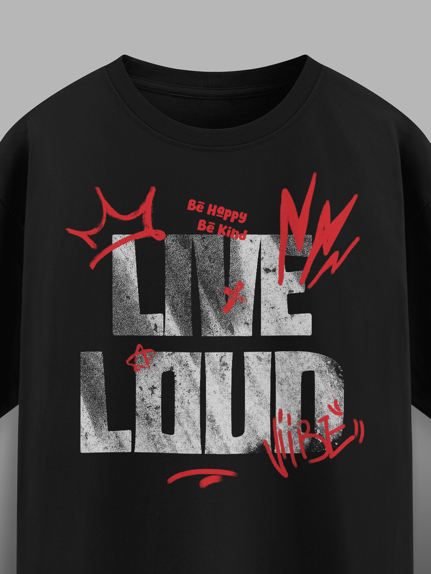 Black t-shirt with 'Live Loud' graphic design on a gray background