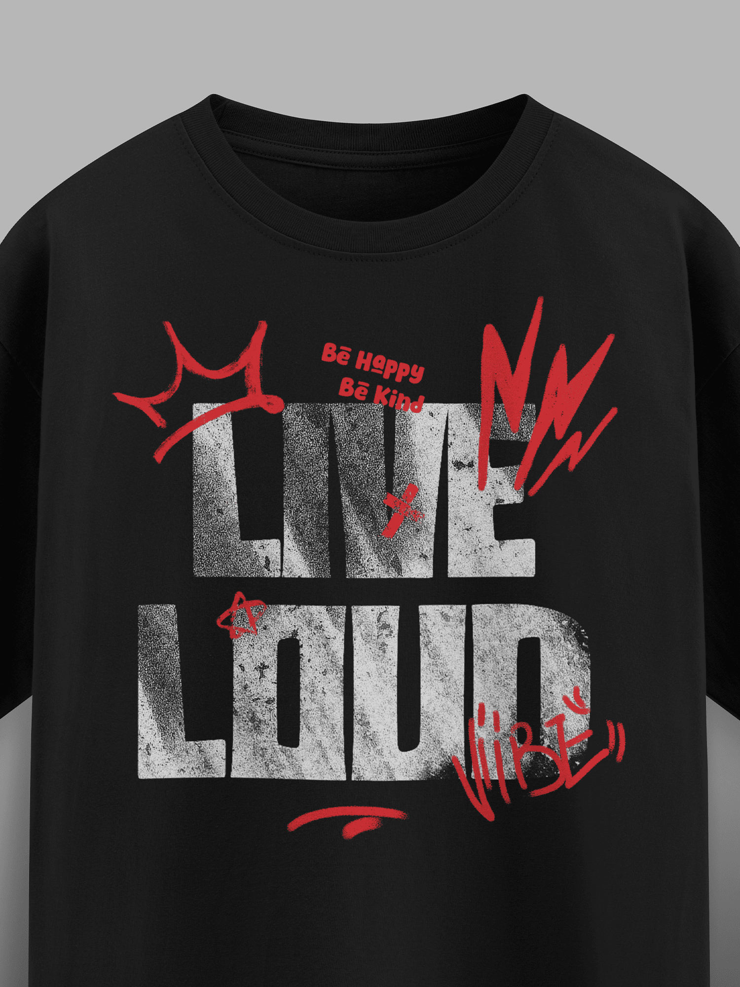 Black t-shirt with 'Live Loud' graphic design on a gray background